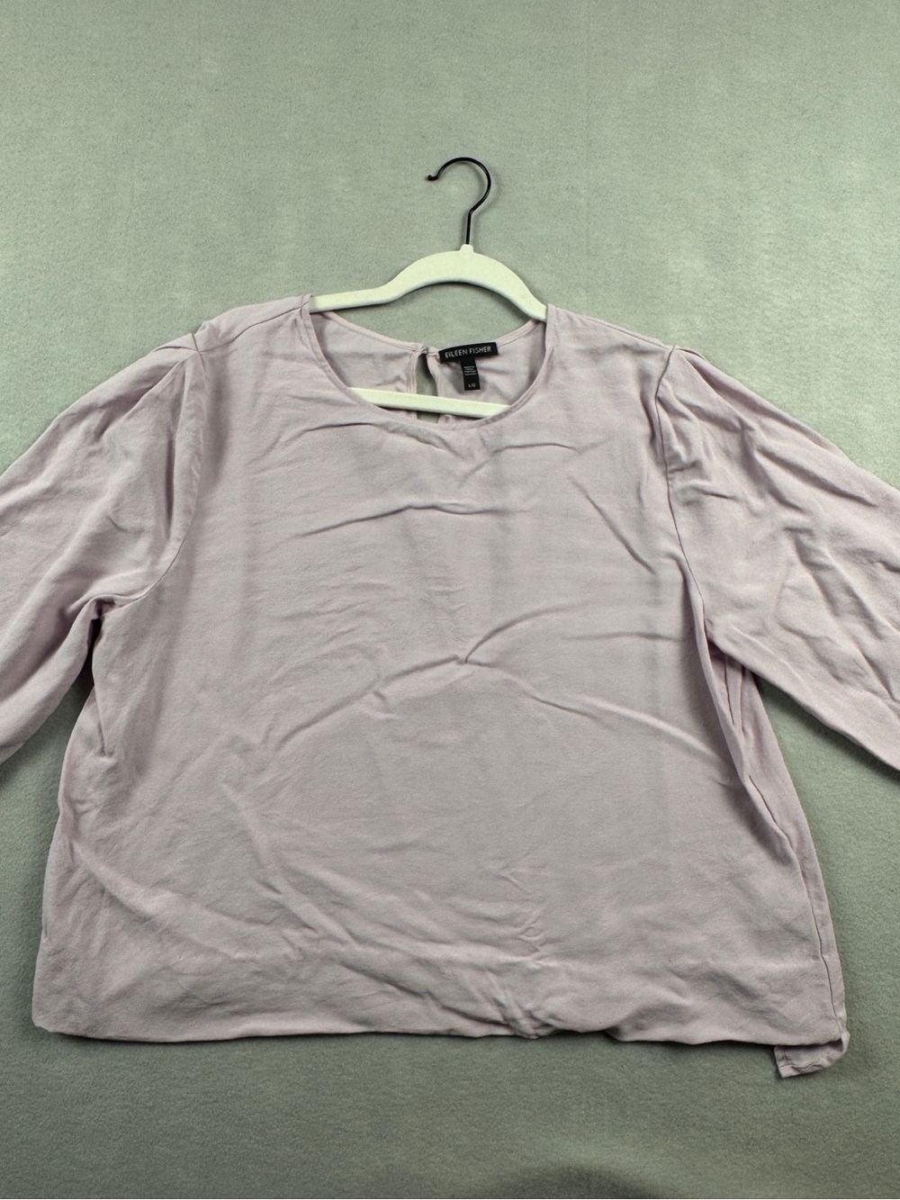 Eileen Fisher 100% Silk Large Georgette Crepe Elbow Sleeve Light Lavender Blouse